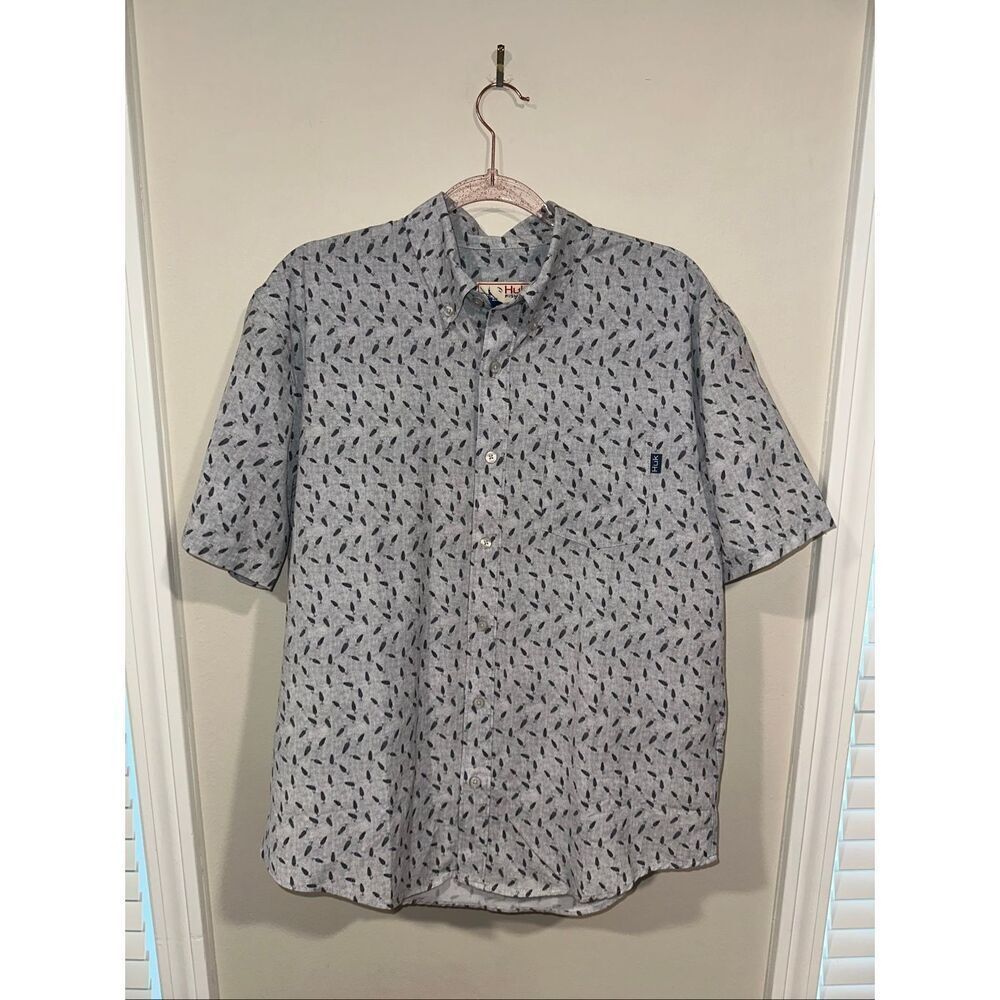 Huk Fishing Short Sleeve Casual Button Up Bobbers Gray M